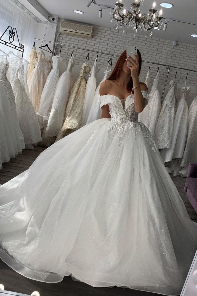 Klassiska av axlar bröllopsklänningar spetsar applikationer glitter tyll prinsessan brud klänning mantel skräddarsydd vestido de novia