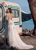 Whimsical A-Line Beach Wedding Dress with Long Sleeves, Illusion Neckline & Flattering Natural Waistline for a Dreamy Boho Look