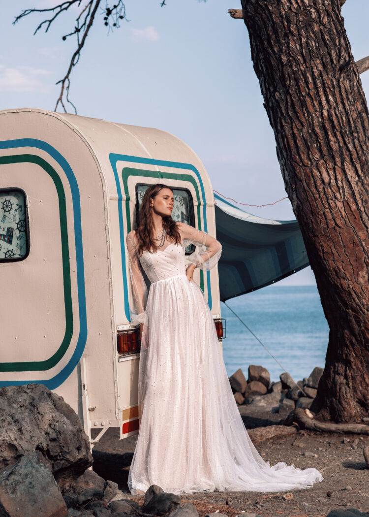 Whimsical A-Line Beach Wedding Dress with Long Sleeves, Illusion Neckline & Flattering Natural Waistline for a Dreamy Boho Look