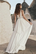 Ethereal Beach Wedding Dress with Long Sleeves, V-Neckline & Intricate Lace Details for a Graceful and Romantic Bridal Look