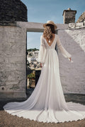 Elegant Beach Wedding Dress with Long Sleeves, V-Neckline & Delicate Lace Details for a Timeless and Romantic Bridal Look