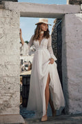 Elegant Beach Wedding Dress with Long Sleeves, V-Neckline & Delicate Lace Details for a Timeless and Romantic Bridal Look