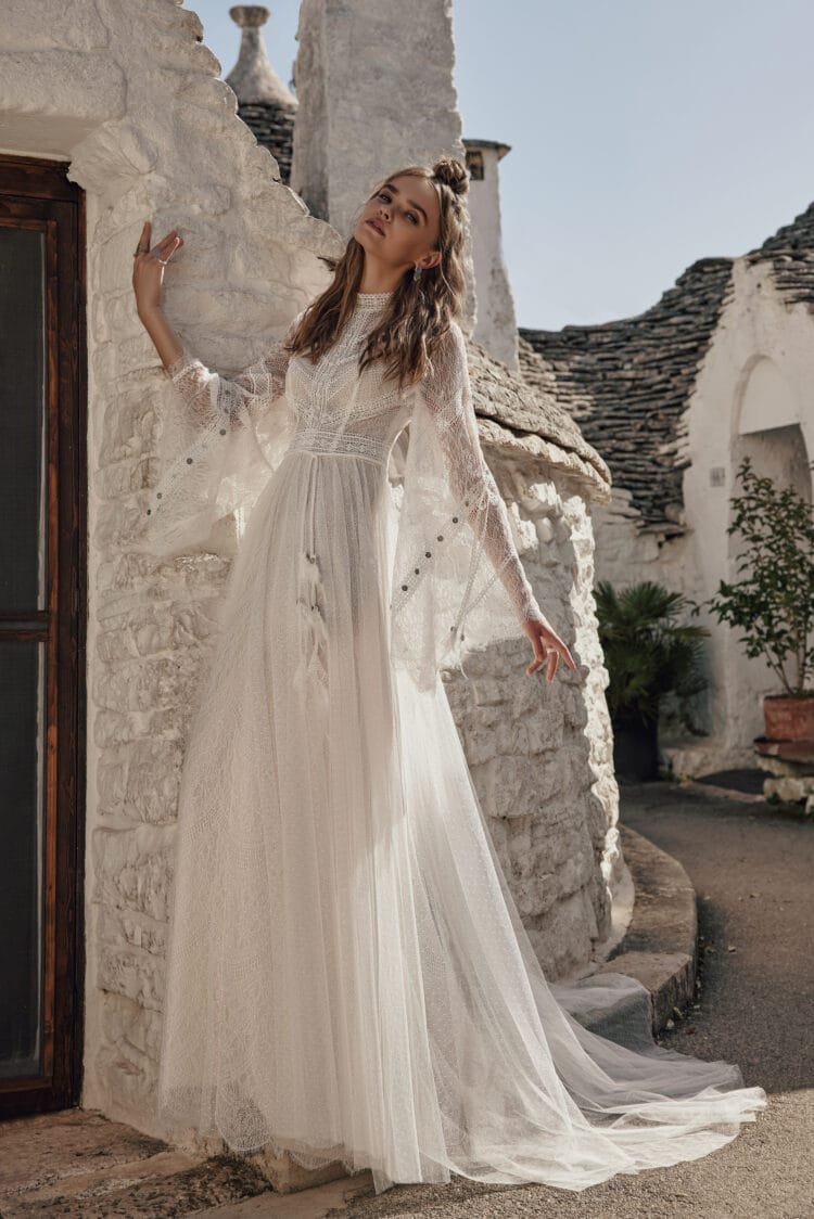 Ethereal Boho Wedding Dress with Long Sleeves, High Neckline & Intricate Lace Details for a Graceful and Timeless Bridal Look