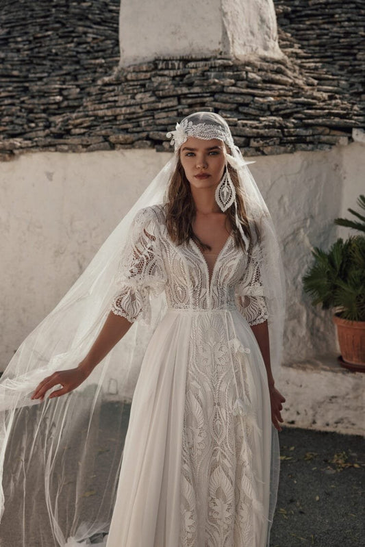 Romantic Beach Wedding Dress with Off-the-Shoulder V-Neckline, Intricate Lace Details & Flowing A-Line Silhouette for an Effortlessly Elegant Bridal Look - Camilla's