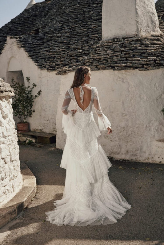 Elegant Beach Wedding Dress with Long Sleeves, V-Neckline & Intricate Lace for a Breathtaking and Romantic Bridal Look - Camilla's