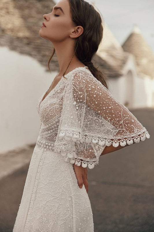 Romantic Beach Wedding Dress with Strapless V-Neck, Delicate Lace Details & Flowing A-Line Silhouette for a Breathtaking Bridal Look - Camilla's