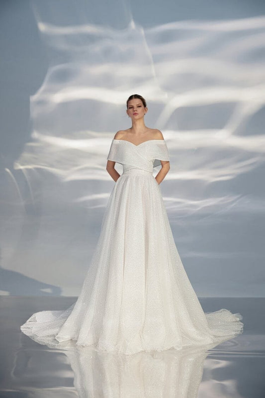 Ethereal Off-Shoulder A-Line Wedding Gown with Sweetheart Neckline and a Natural Waistline for a Romantic and Timeless Bridal Look