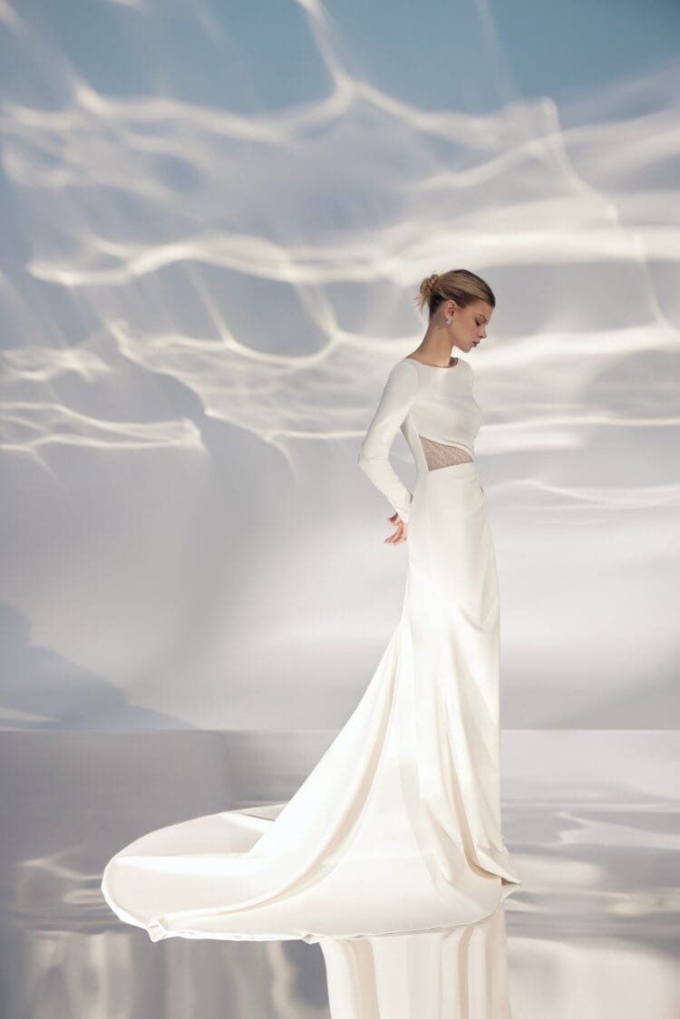 Timeless A-Line Wedding Gown with Long Sleeves, Boat Neckline, and a Natural Waistline for an Elegant and Graceful Bridal Look