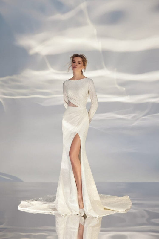 Alluring A-Line Wedding Gown with Long Sleeves, Boat Neckline, and a Natural Waistline for a Sophisticated and Sexy Bridal Look