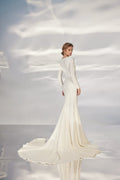 Alluring A-Line Wedding Gown with Long Sleeves, Boat Neckline, and a Natural Waistline for a Sophisticated and Sexy Bridal Look