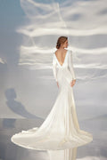 Ethereal A-Line Wedding Gown with Long Sleeves, V-Neckline, and a Natural Waistline for a Romantic and Timeless Bridal Look