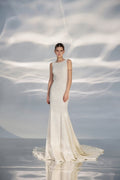 Sleek Strapless A-Line Wedding Gown with Boat Neckline and a Natural Waistline for a Chic Minimalist Bridal Look