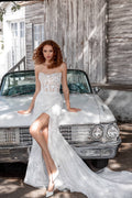 Strapless Sheath Wedding Dress with Boat Neckline, Delicate Lace & Flattering Natural Waistline