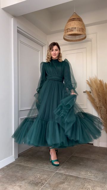 A Line Tulle Prom Dresses Lined Long Sleeves Ankle Length Midi Evening Gowns Formal Women Occasion Party Dress