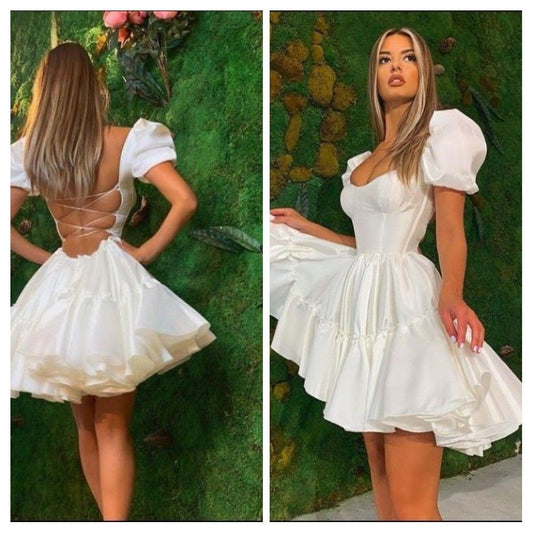 Vintage Ivory Satin Short Wedding Party Dresses For Reception Sleeves Fitted Ruffled Corset Bridal Gowns African Prom Dress