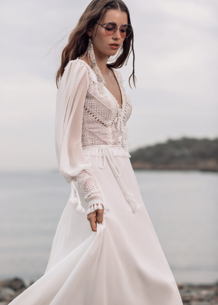 Enchanting A-Line Beach Bridal Gown with Long Sleeves, V-Neckline & Flattering Natural Waistline for a Breathtaking Boho Look