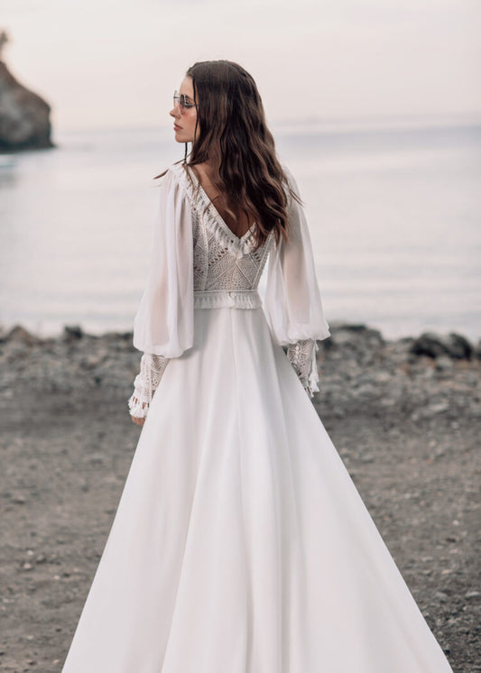 Enchanting A-Line Beach Bridal Gown with Long Sleeves, V-Neckline & Flattering Natural Waistline for a Breathtaking Boho Look