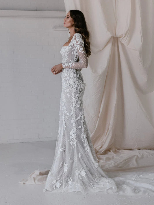 Graceful Wedding Dresses With Detachable Train Square Collar Mermaid Lace Appliques Full Sleeves Vintage Robes Vestidos De Novia