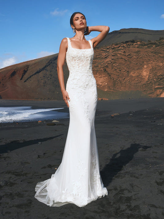 Exquisite Mermaid Wedding Dress Spaghetti Straps Bridal Gown Square Collar Lace Appliques Detachable Train Vestido de novia
