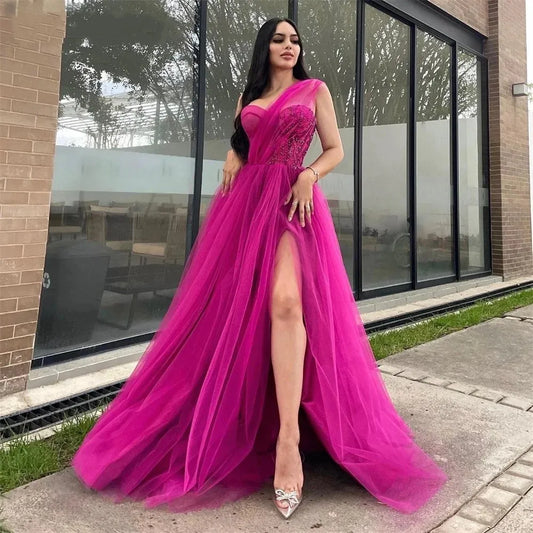 Purple Pink فساتين السهرة Sexy One Shoulder Side Split Prom Dress Glitter Sequins On Chest Tulle Prom Gown