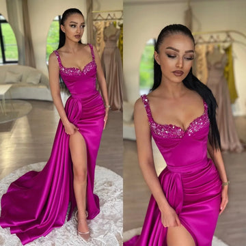 Amanda Hot Pink Trumpet فساتين السهرة Sexy Sequins Chest Fishtail Prom Dress 2023 Silk Mermaid Side High Split Prom Gown