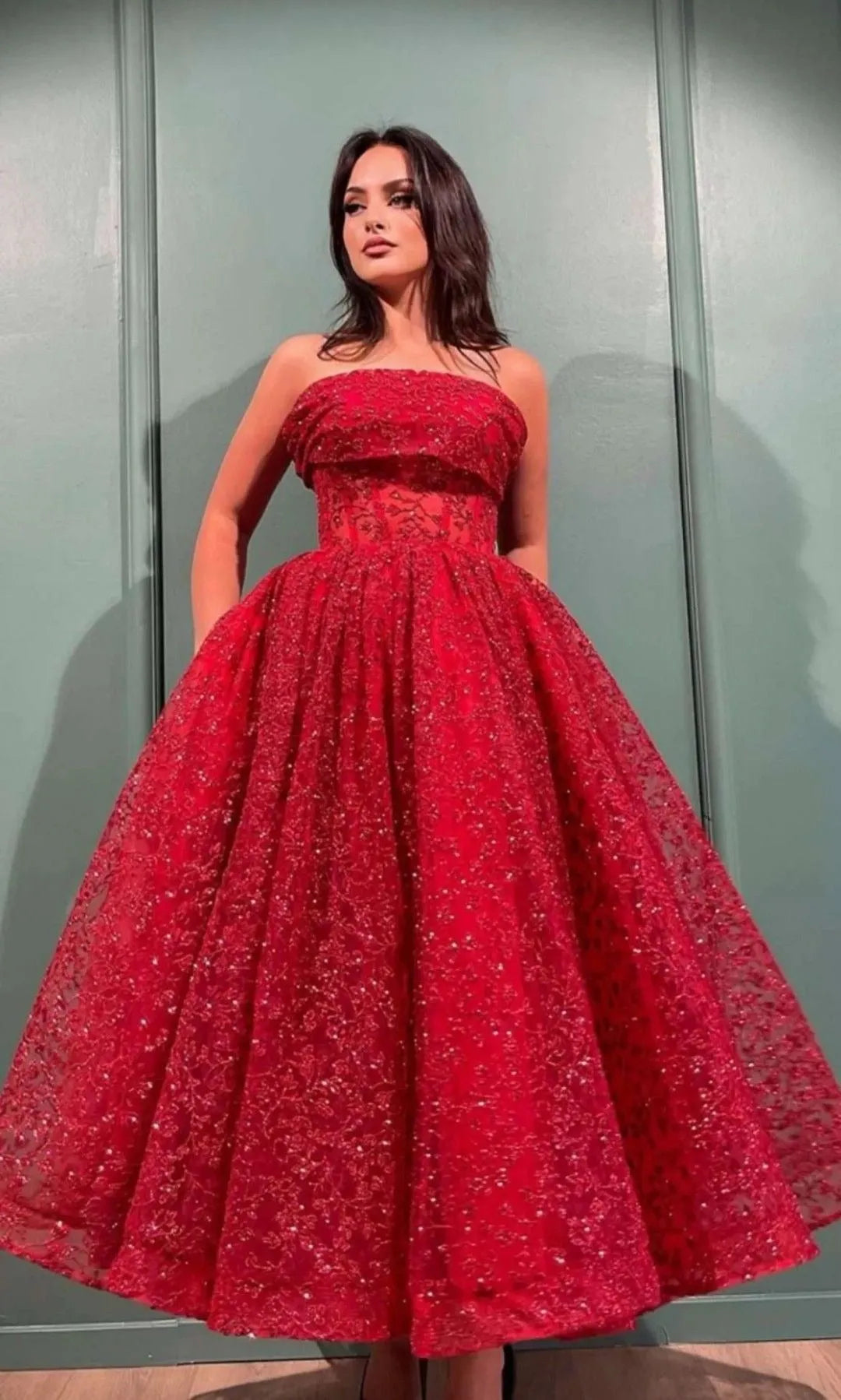 Robe de soirée rouge en dentelle à paillettes, longueur cheville, mi-l
