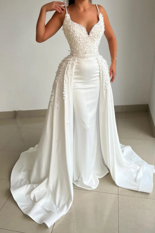 Stunning White Spaghetti-Straps Wedding Dresses Pearls Appliques Dress For Bride Floor-length Bridal Gown Vestido De Novia White