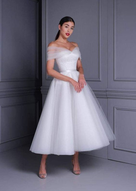 Elegante mooie zoete korte schouder gaas trouwjurken prinses kralen een vormige mooie prachtige jurken