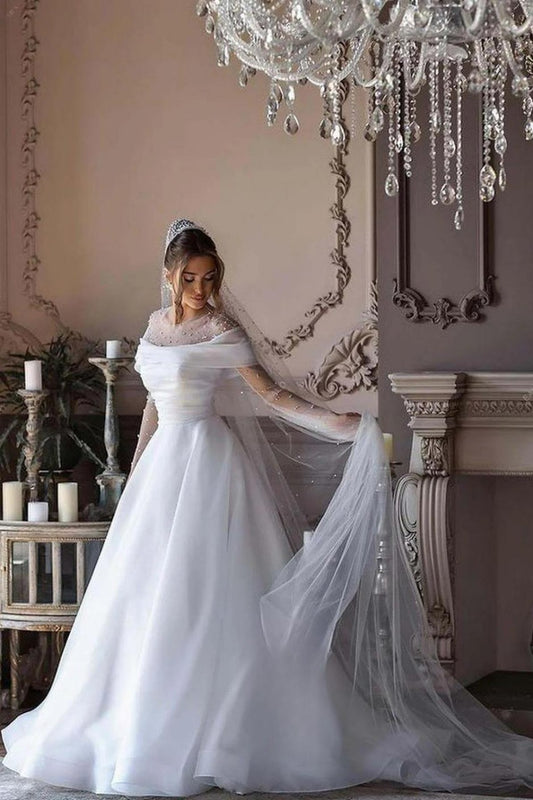 Élégant une ligne robes de mariée illusion o couches à manches longues perles perles de détail designer robes de mariée personnalisées de mariee