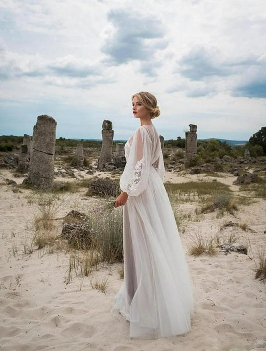 Vestidos De Novia Vintage bohemios, Vestidos De Novia De corte en A, batas De tul con ilusión, Apliques De encaje hasta el suelo, bonitos Vestidos De Novia