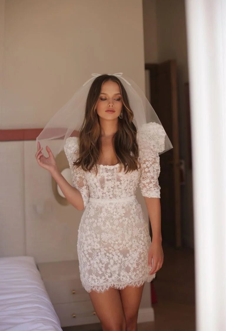 Chic Short Wedding Dress with Cap Sleeves, Round Neckline, and Delicate Lace Embellishments – Elegant Beach Bridal Attire