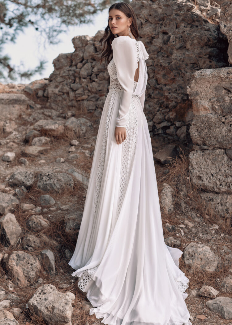 Graceful A-Line Beach Wedding Gown with Long Sleeves, Boat Neckline & Flattering Natural Waistline for a Romantic Boho Look