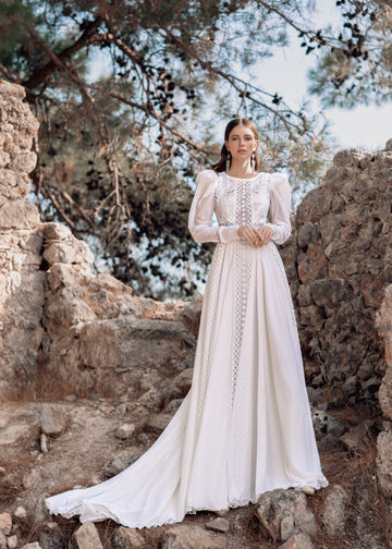 Graceful A-Line Beach Wedding Gown with Long Sleeves, Boat Neckline & Flattering Natural Waistline for a Romantic Boho Look