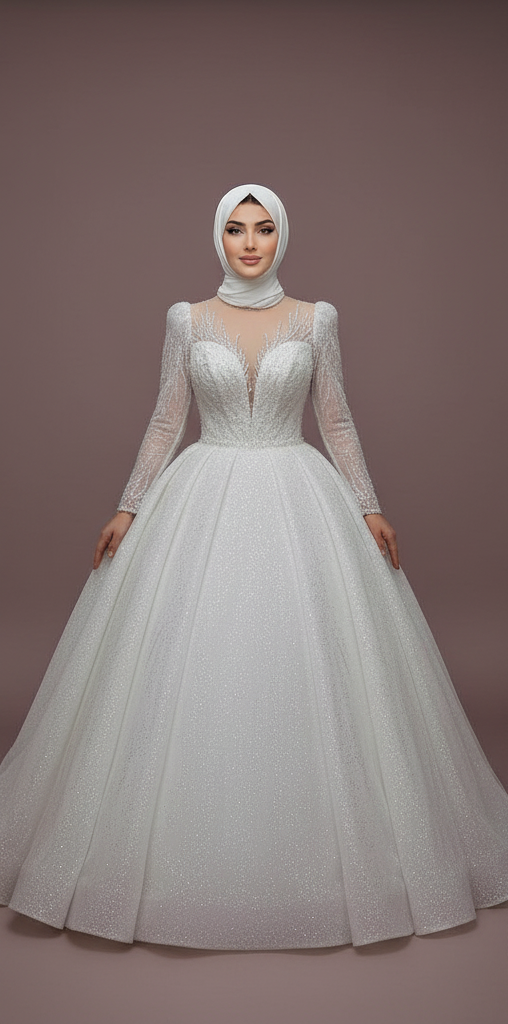 Custom Arabic Muslim Wedding Dress for Women with Long Sleeves and Tulle