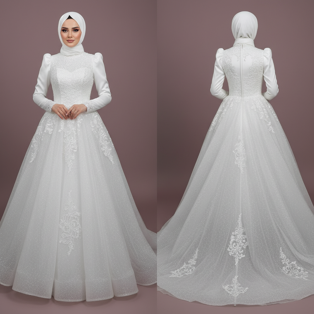 Luxury Arabic Muslim Wedding Gown for Women Long Sleeves Design