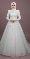 Luxury Arabic Muslim Wedding Gown for Women Long Sleeves Design WHITE