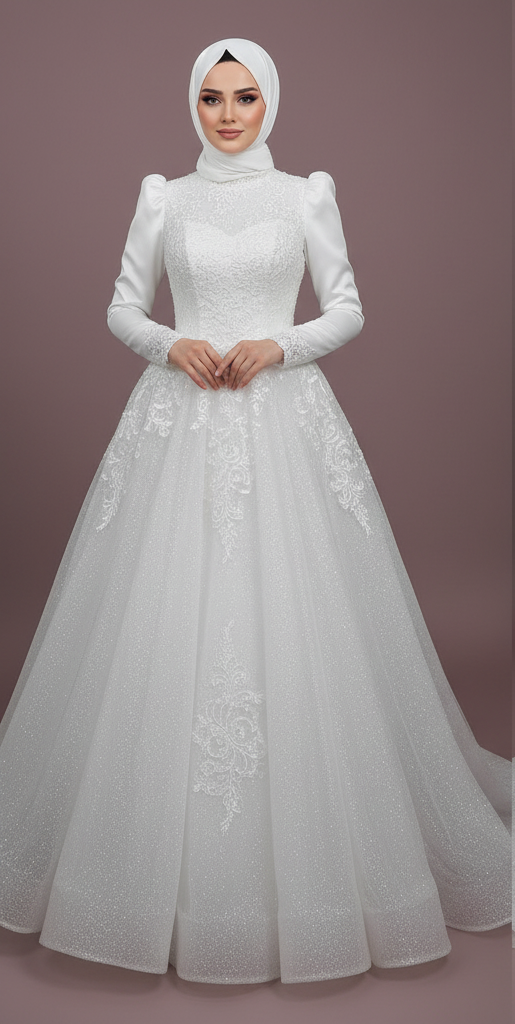 Luxury Arabic Muslim Wedding Gown for Women Long Sleeves Design WHITE
