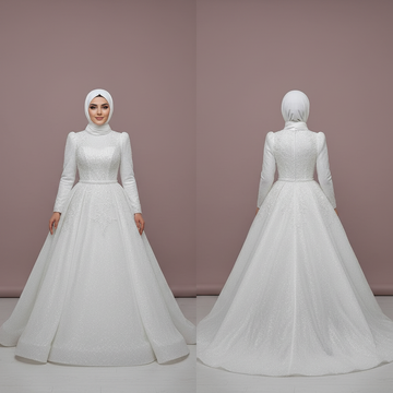 Custom Modest Muslim Bridal Dress with Floral Appliques and Elegant Tulle