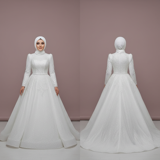 Custom Modest Muslim Bridal Dress with Floral Appliques and Elegant Tulle