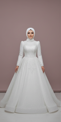 Custom Modest Muslim Bridal Dress with Floral Appliques and Elegant Tulle WHITE