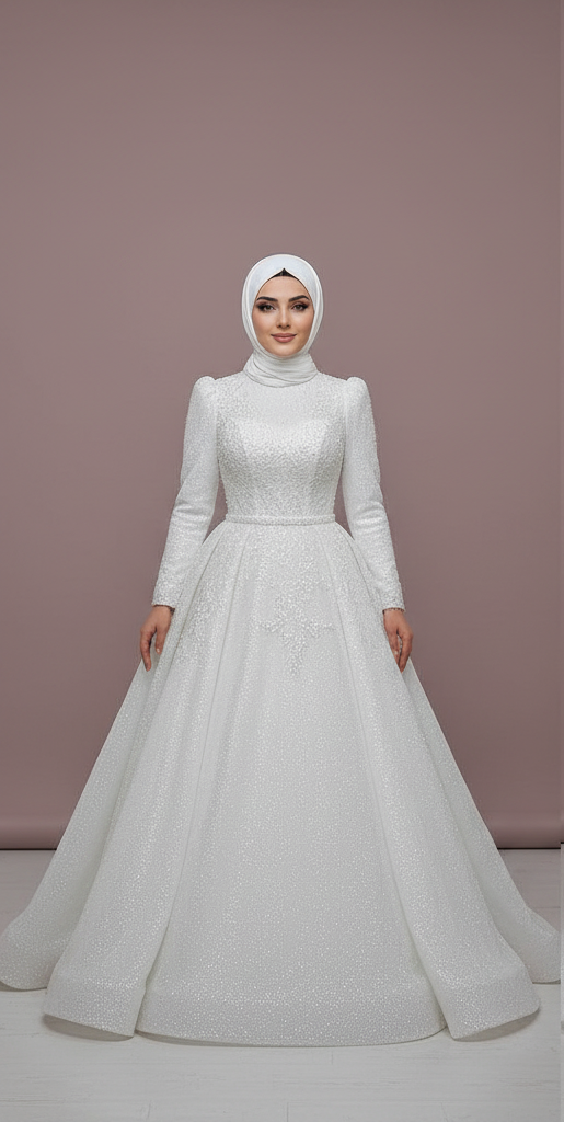 Custom Modest Muslim Bridal Dress with Floral Appliques and Elegant Tulle WHITE