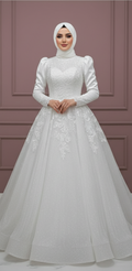 Minimalist Muslim Wedding Dress with Flower Appliques and Long Sleeves