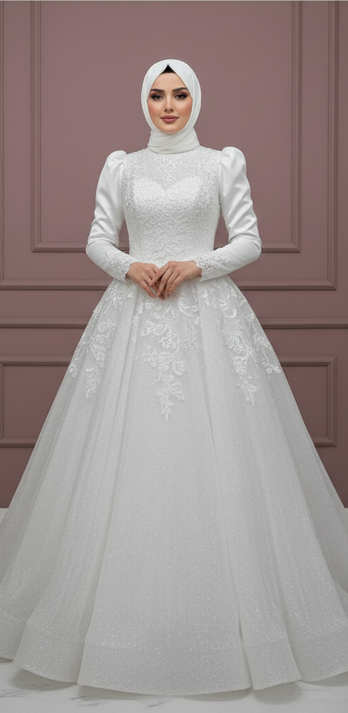 Minimalist Muslim Wedding Dress with Flower Appliques and Long Sleeves