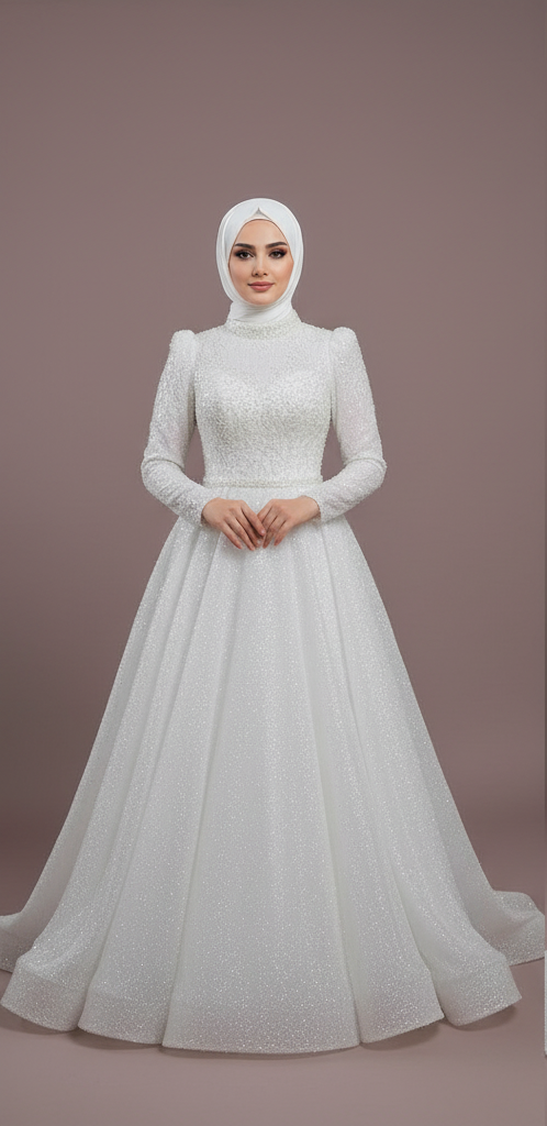 Dubai Inspired Muslim Wedding Dress with Applique Flowers and Full Sleeves