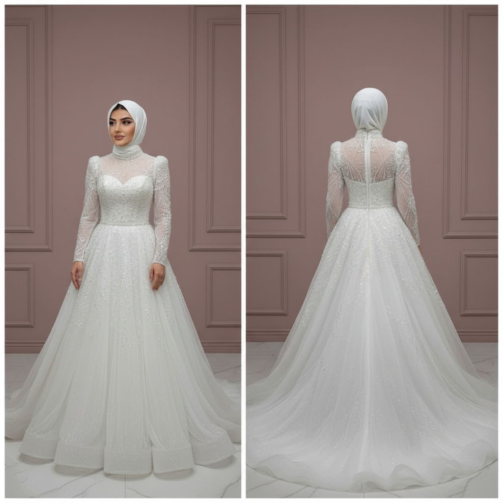 Elegant Arabic Dubai Muslim Bridal Dress with Flower Appliques and Tulle Skirt