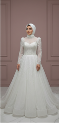 Elegant Arabic Dubai Muslim Bridal Dress with Flower Appliques and Tulle Skirt WHITE