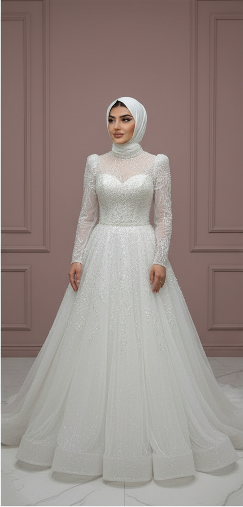 Elegant Arabic Dubai Muslim Bridal Dress with Flower Appliques and Tulle Skirt WHITE