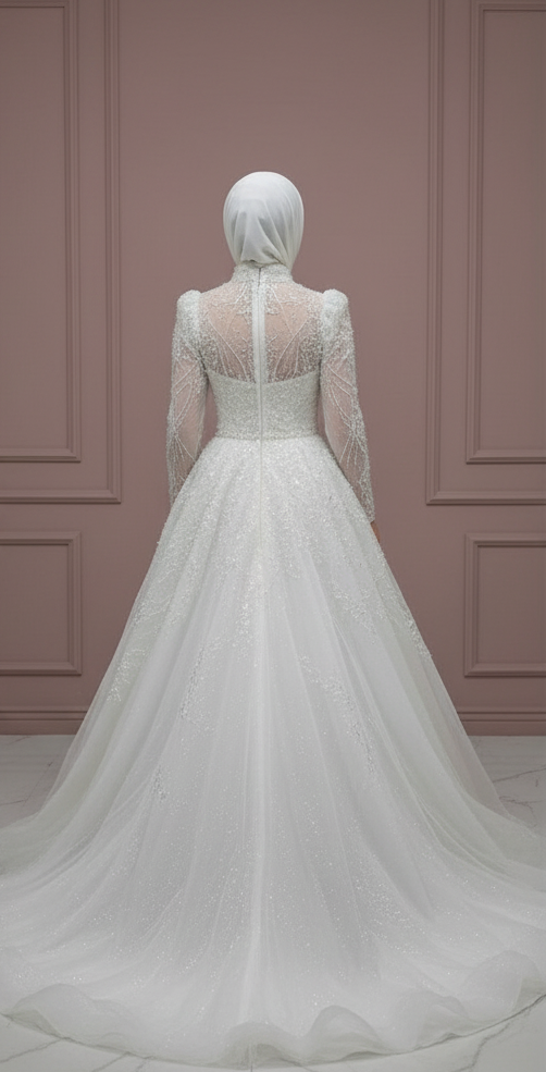 Elegant Arabic Dubai Muslim Bridal Dress with Flower Appliques and Tulle Skirt