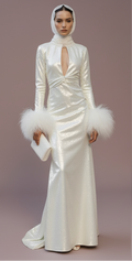 Elegant Modest Muslim Wedding Dress with Long Sleeves, Hooded Hijab & Feather Cuffs WHITE