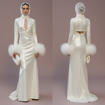 Elegant Modest Muslim Wedding Dress with Long Sleeves, Hooded Hijab & Feather Cuffs